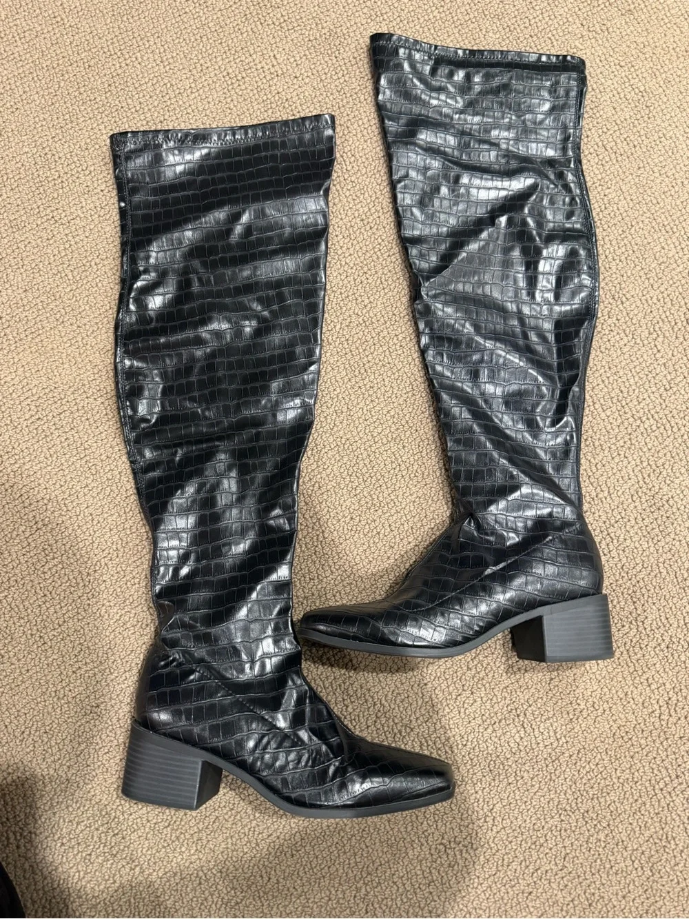 Black Croc-Embossed Knee-High Block Heel Boots